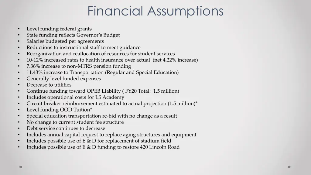 financial assumptions