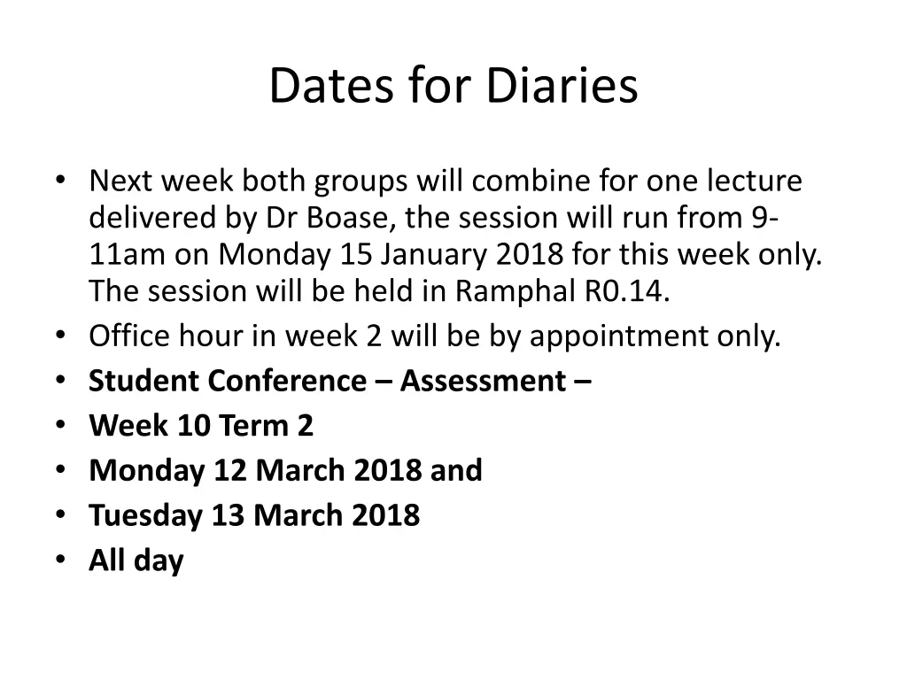 dates for diaries