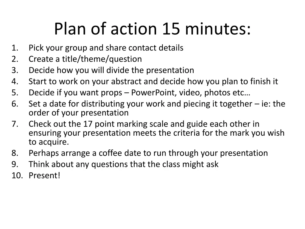plan of action 15 minutes pick your group