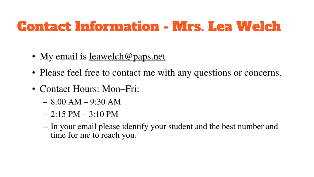 contact information mrs lea welch