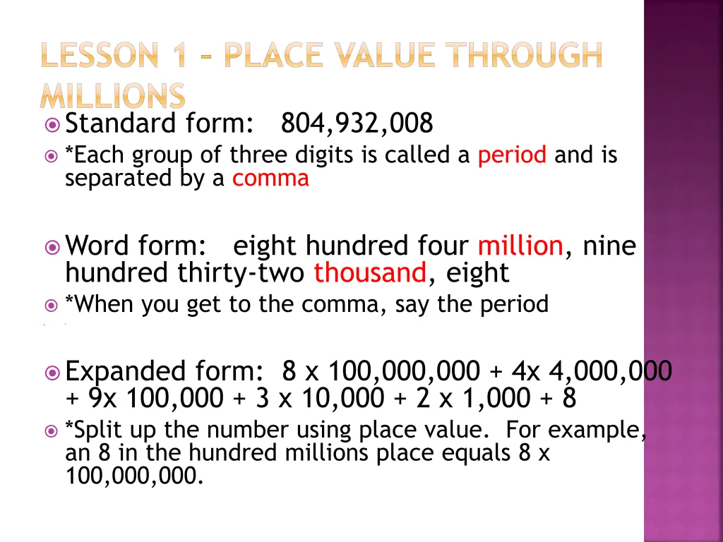 lesson 1 place value through millions standard
