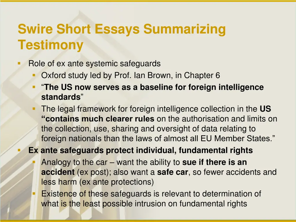 swire short essays summarizing testimony