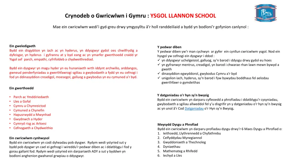 crynodeb o gwricwlwn i gymru ysgol llannon school