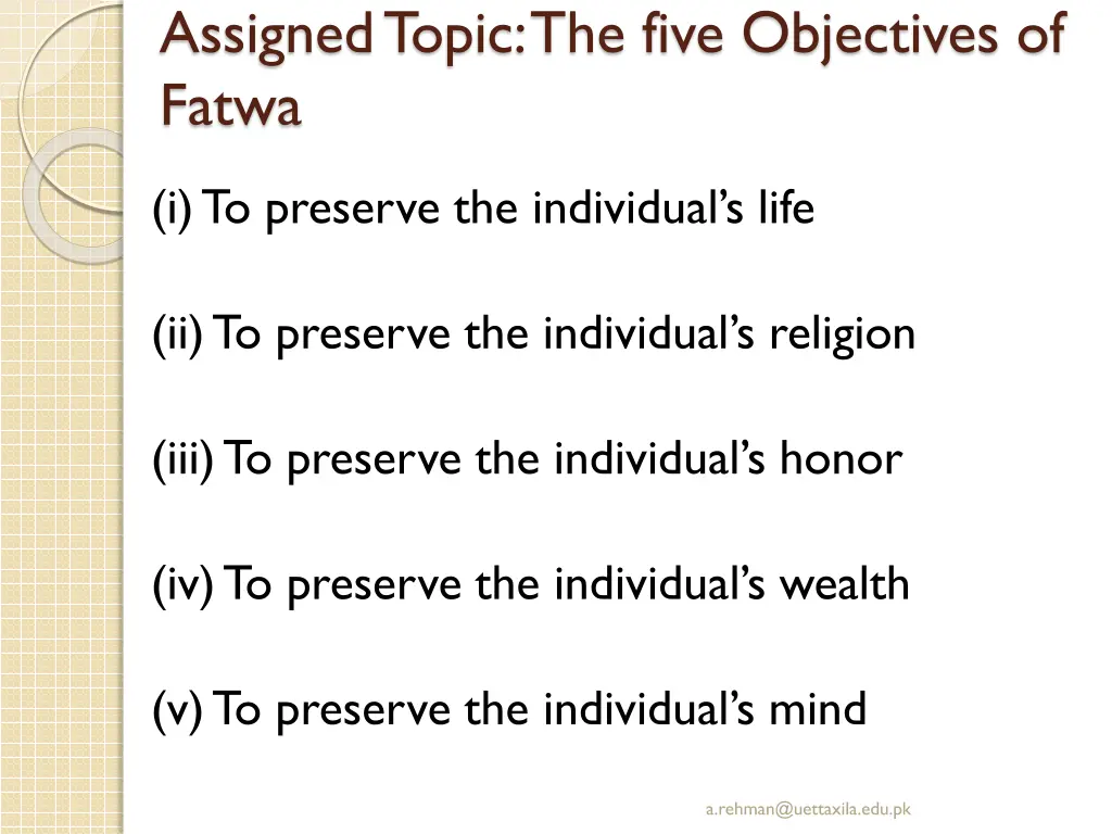 assigned topic the five objectives of fatwa