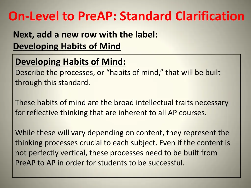 on level to preap standard clarification 6