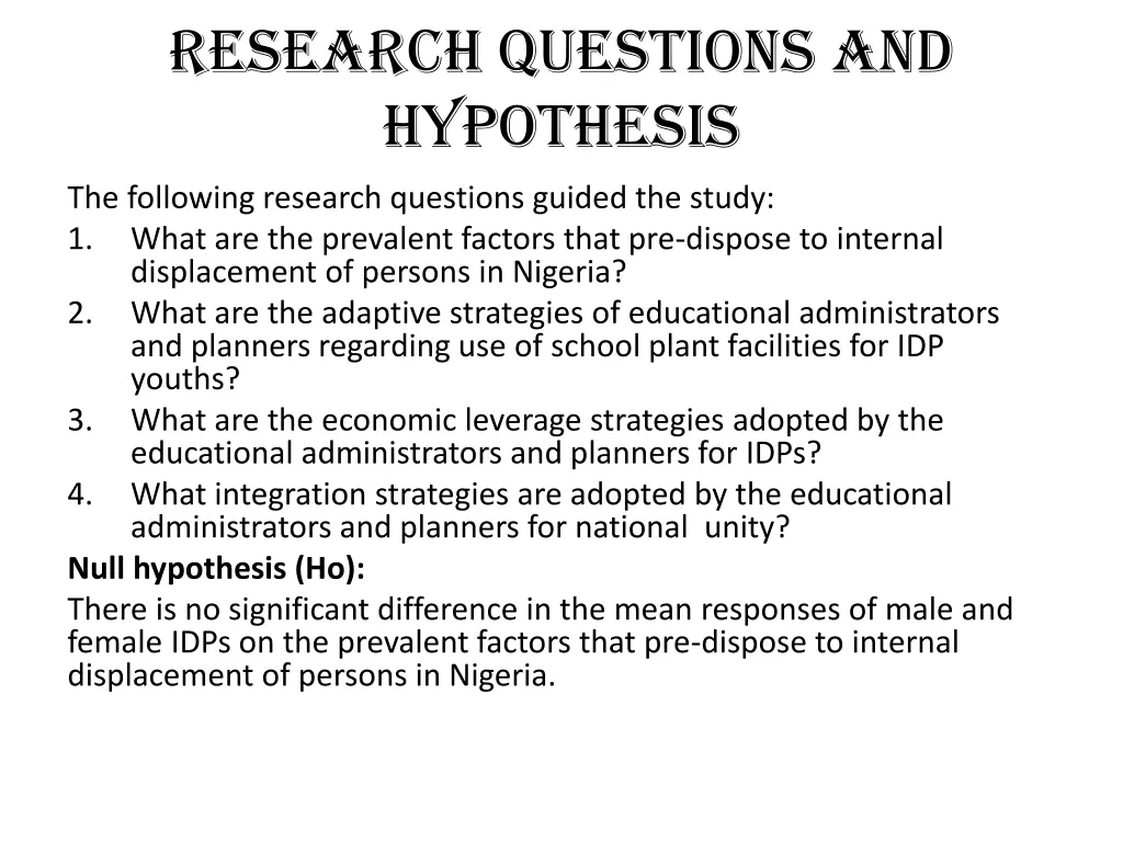 research questions and hypothesis