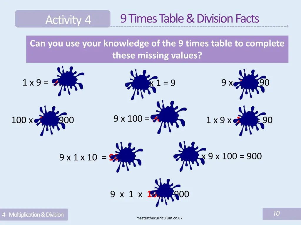 9 times table division facts 2