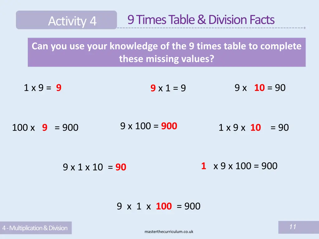 9 times table division facts 3