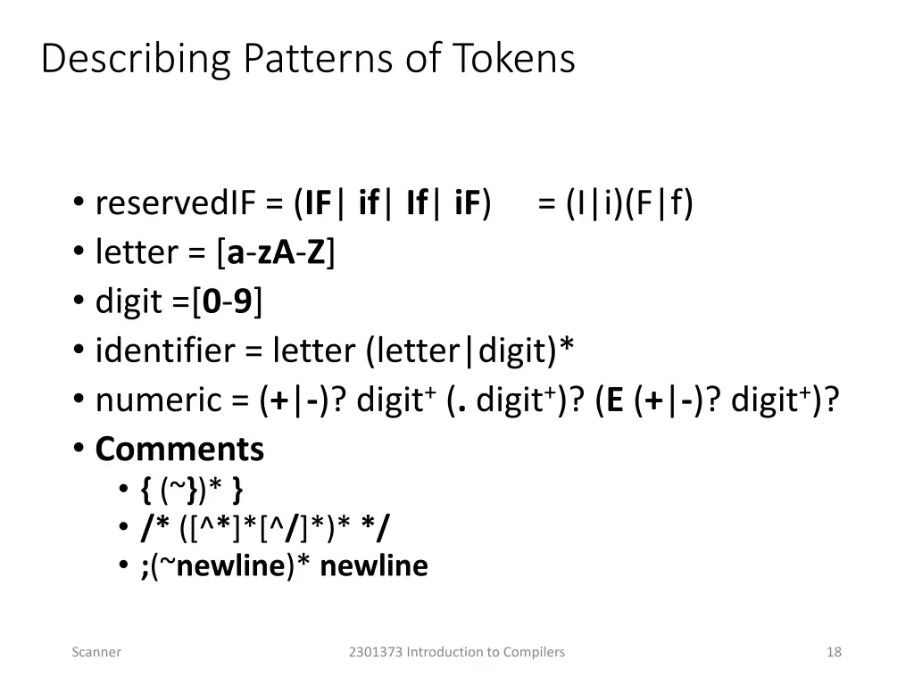 describing patterns of tokens