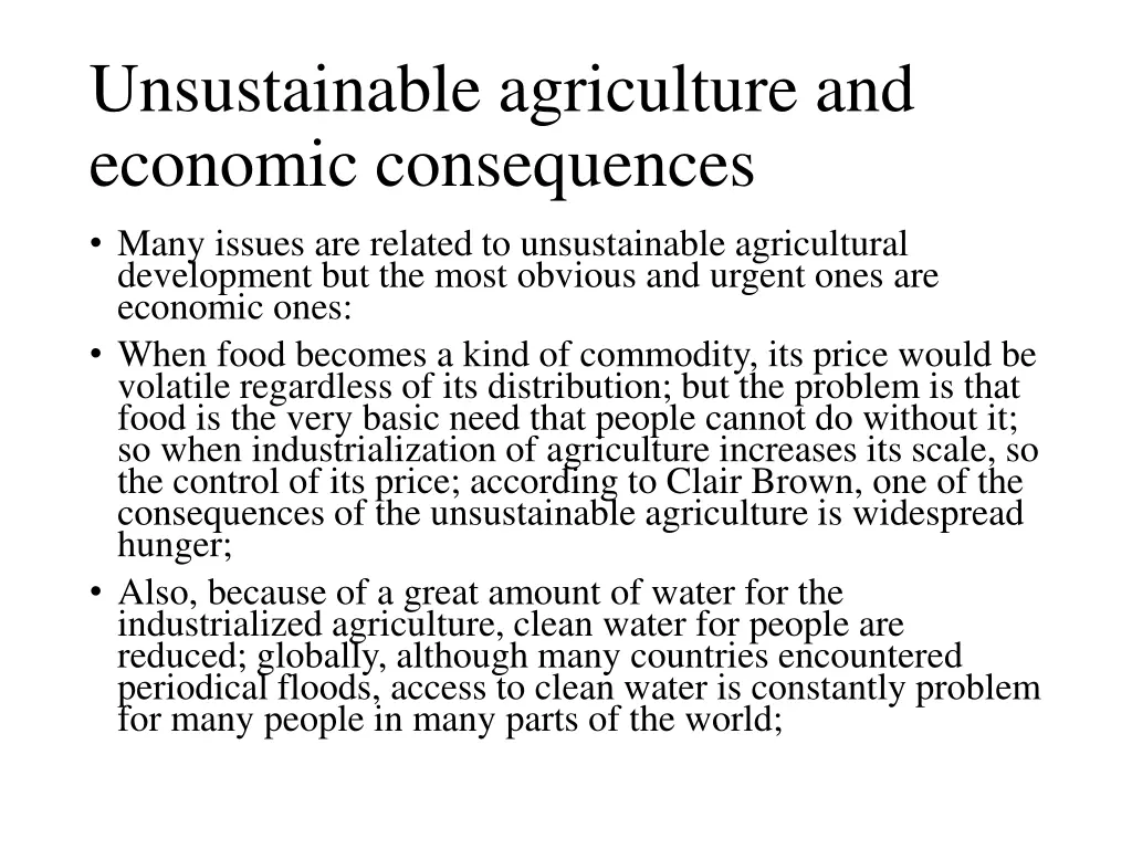 unsustainable agriculture and economic