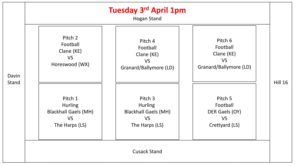 tuesday 3 rd april 1pm hogan stand