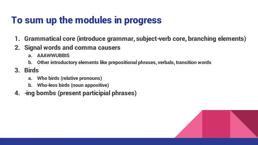 to sum up the modules in progress 1