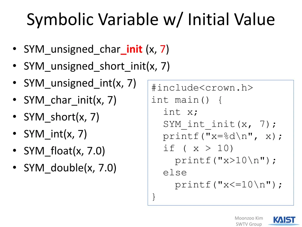symbolic variable w initial value