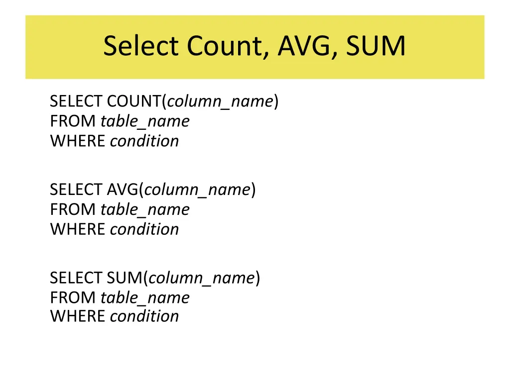 select count avg sum
