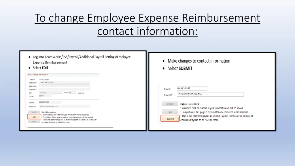 to change employee expense reimbursement contact
