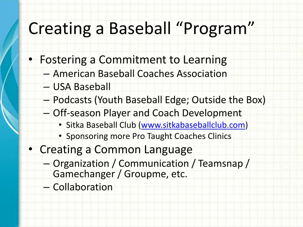 creating a baseball program