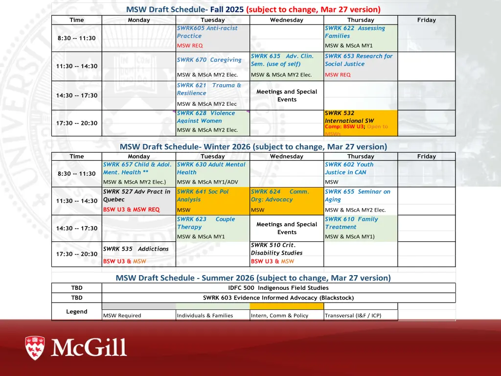 msw draft schedule fall 2025 subject to change