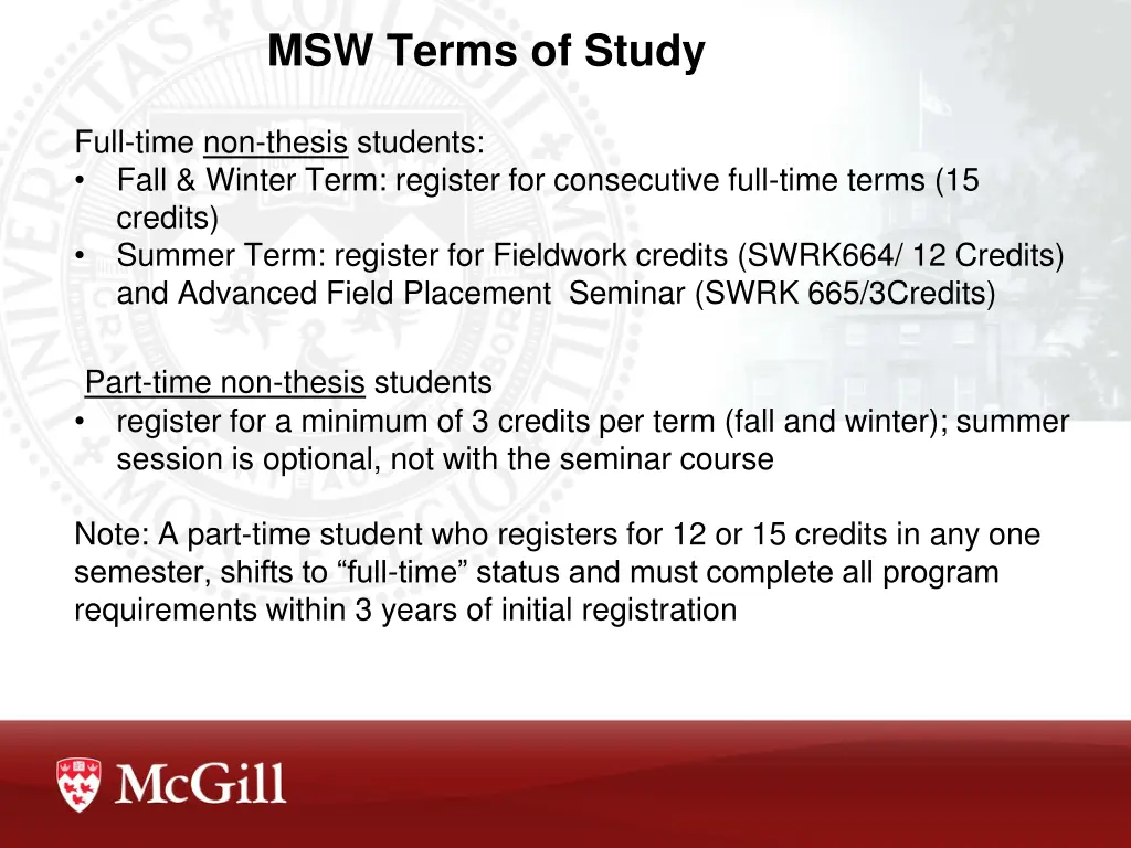 msw terms of study
