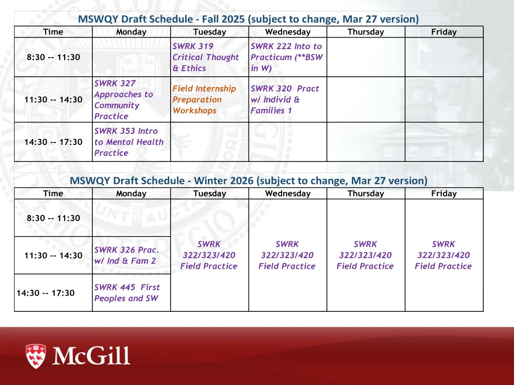 mswqy draft schedule fall 2025 subject to change