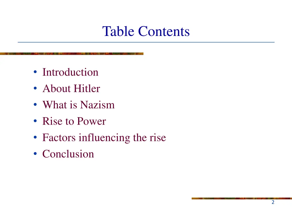 table contents