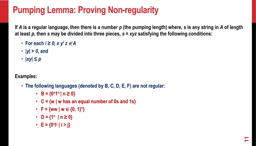 pumping lemma proving non regularity