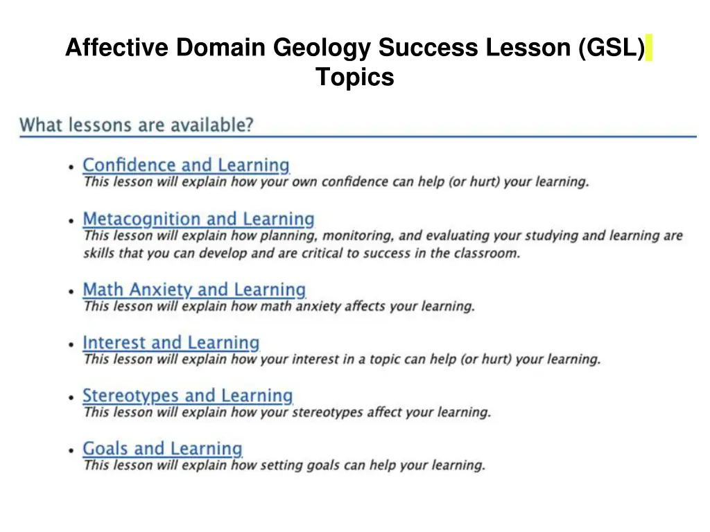 affective domain geology success lesson gsl topics