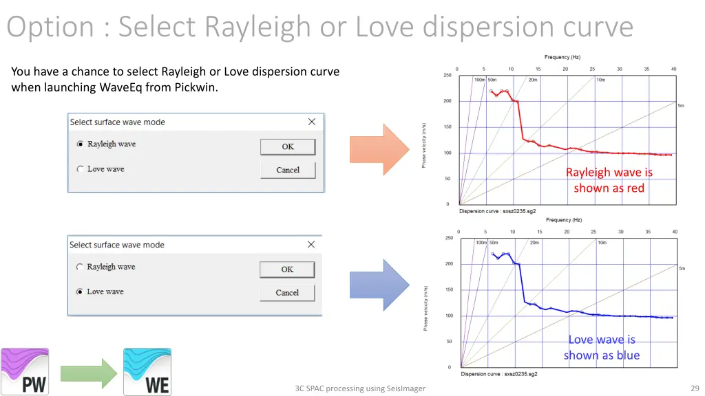 option select rayleigh or love dispersion curve