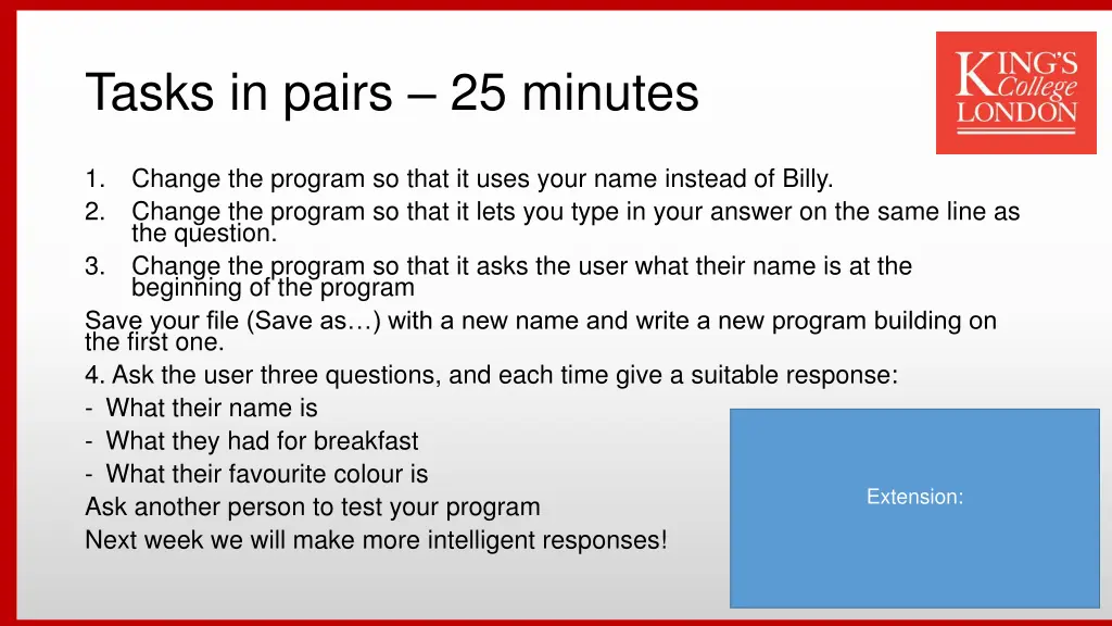 tasks in pairs 25 minutes
