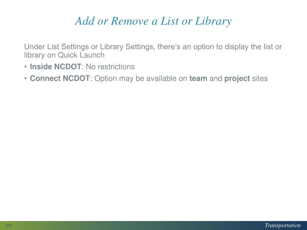 add or remove a list or library