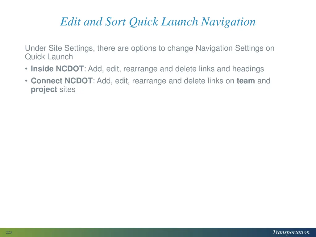 edit and sort quick launch navigation