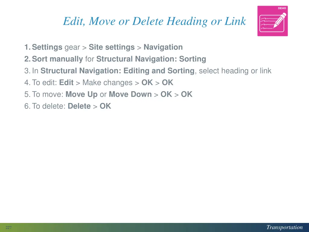 edit move or delete heading or link