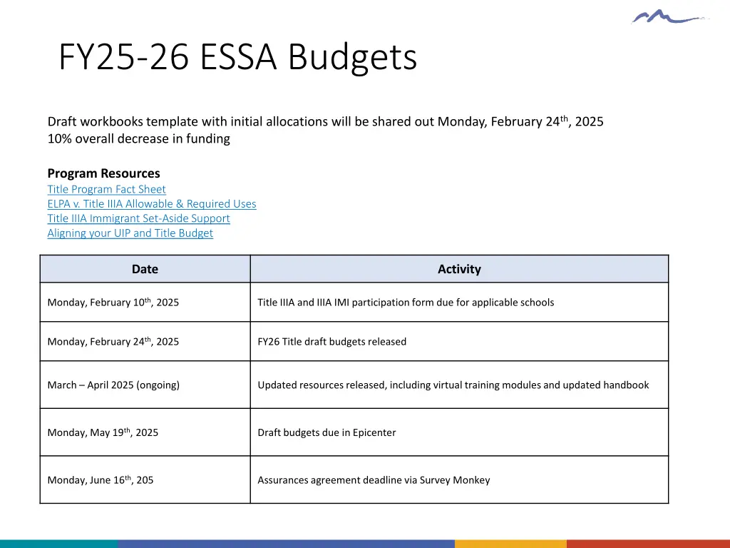 fy25 26 essa budgets