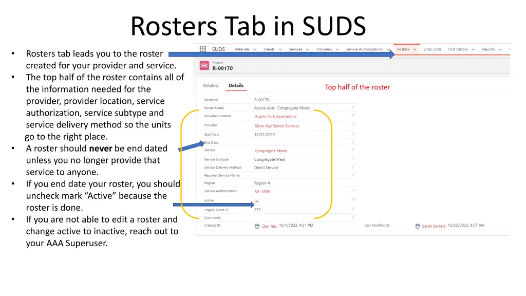 rosters tab in suds