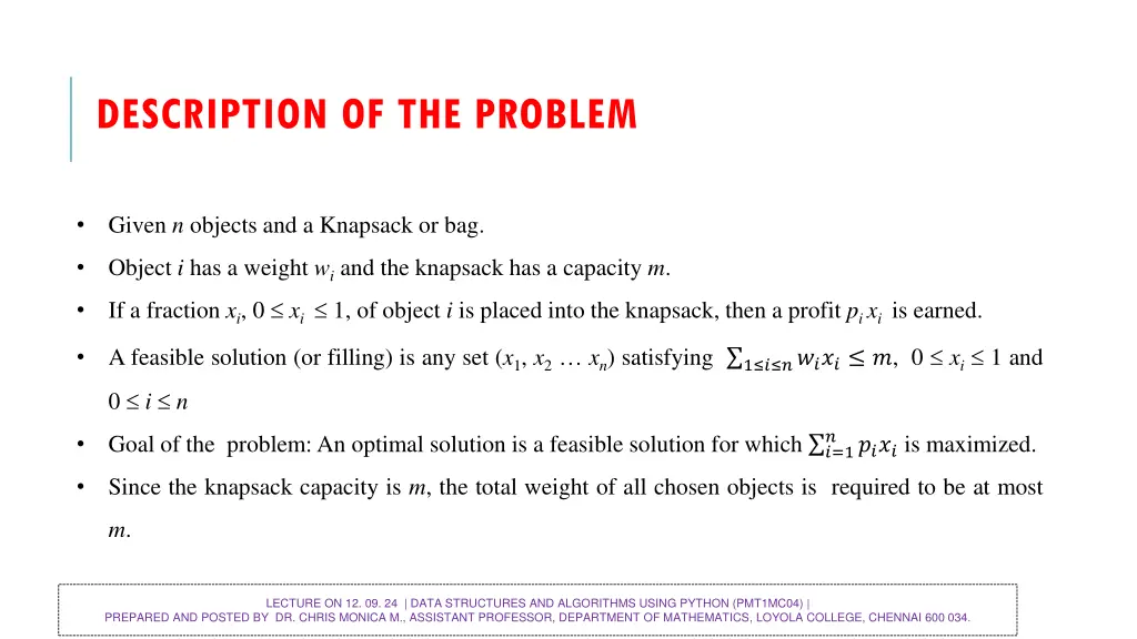 description of the problem