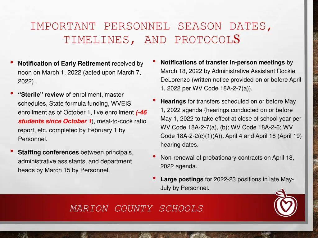 important personnel season dates timelines