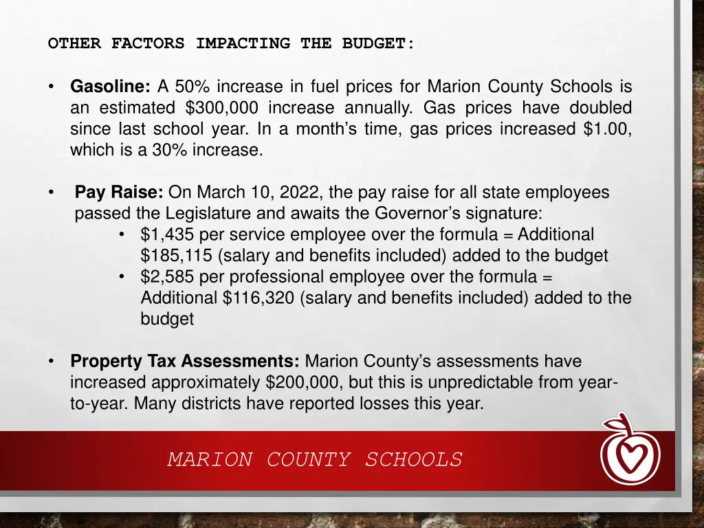 other factors impacting the budget