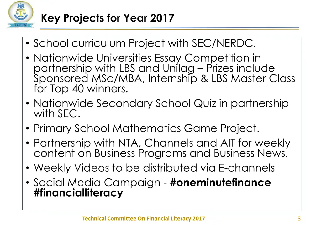 key projects for year 2017