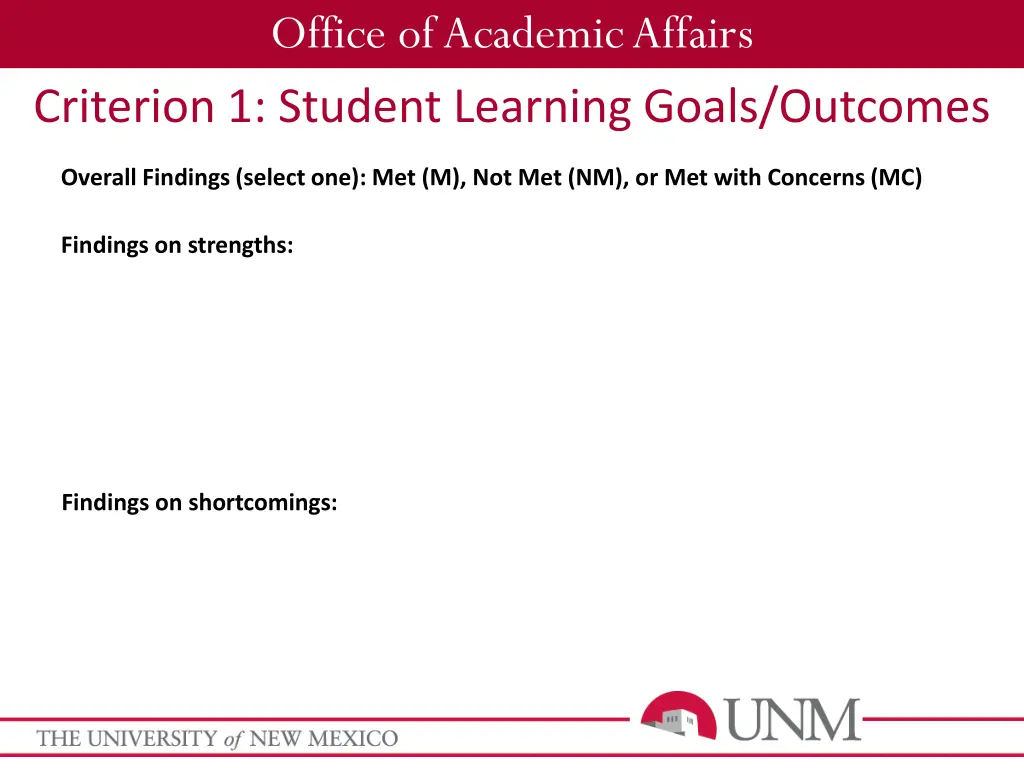 office of academic affairs criterion 1 student