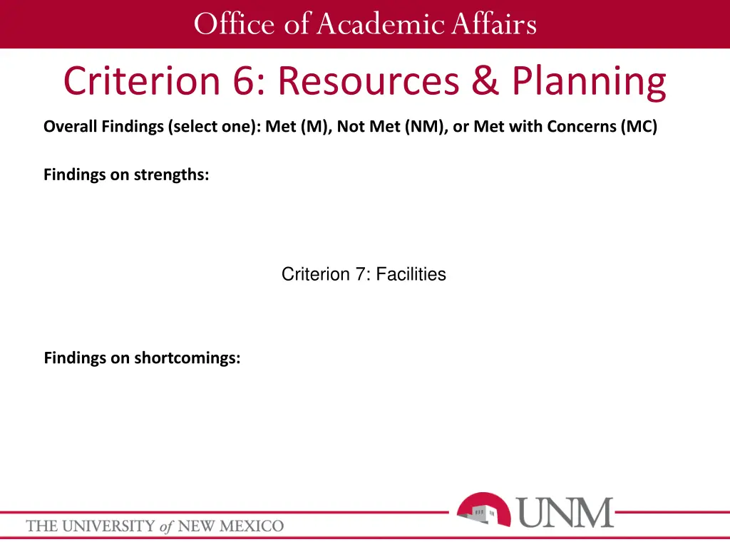 office of academic affairs criterion 6 resources