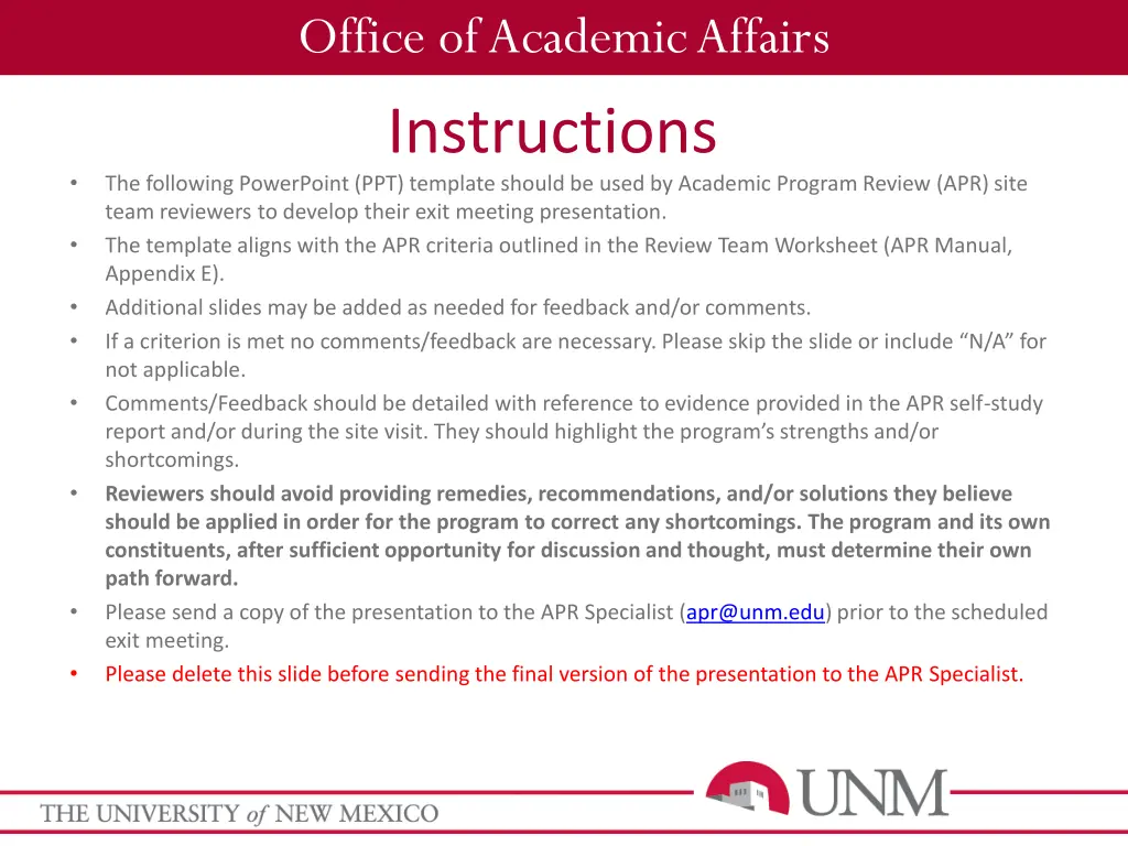 office of academic affairs instructions