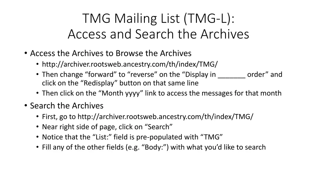 tmg mailing list tmg l access and search