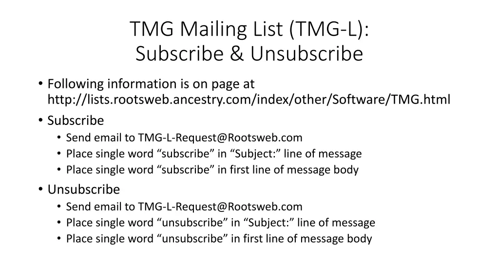 tmg mailing list tmg l subscribe unsubscribe