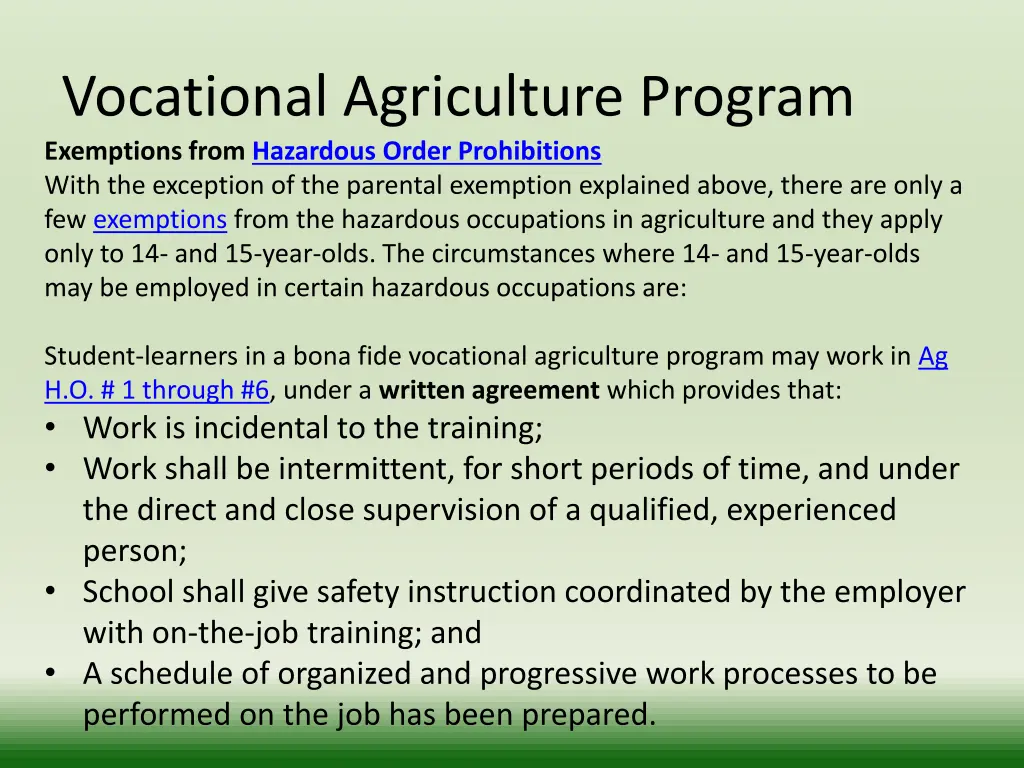 vocational agriculture program exemptions from