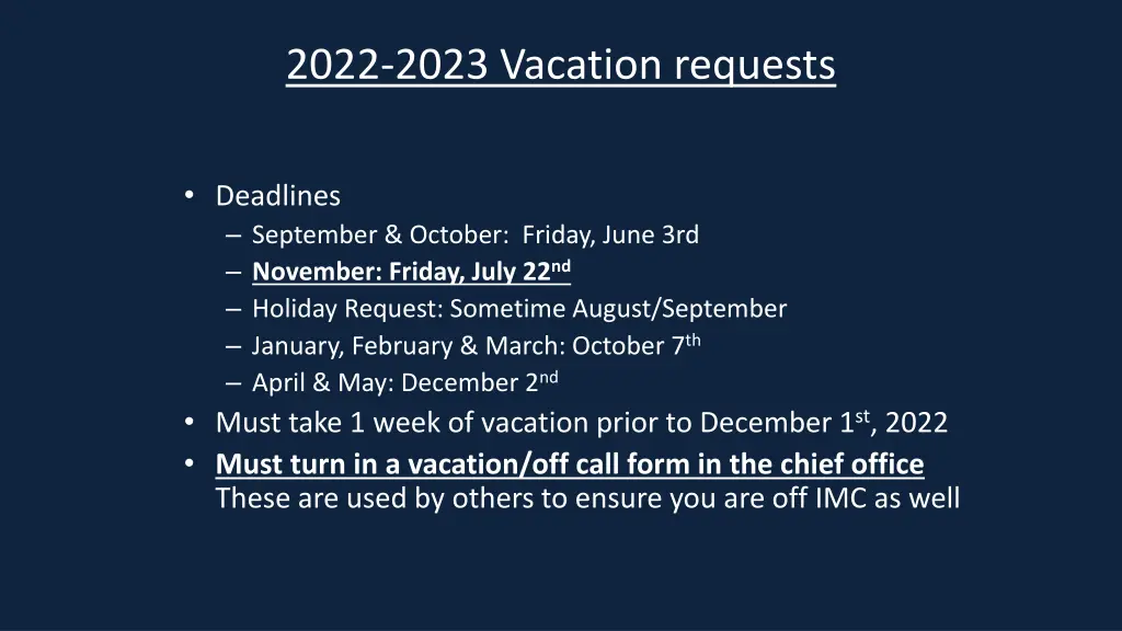 2022 2023 vacation requests