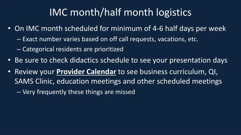 imc month half month logistics