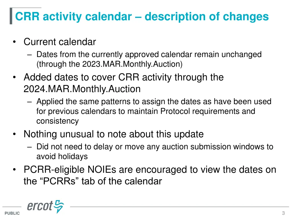 crr activity calendar description of changes
