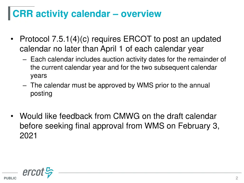 crr activity calendar overview