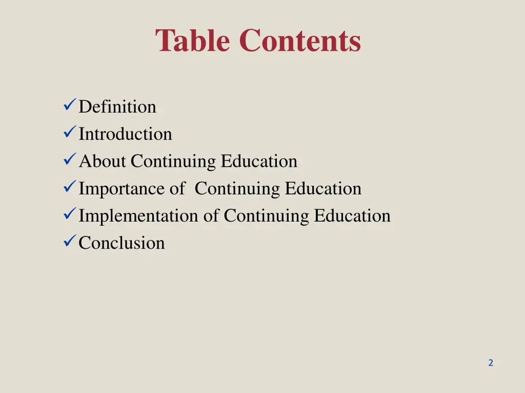 table contents