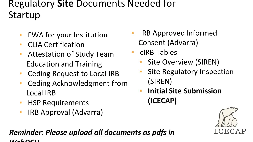 regulatory site documents needed for startup