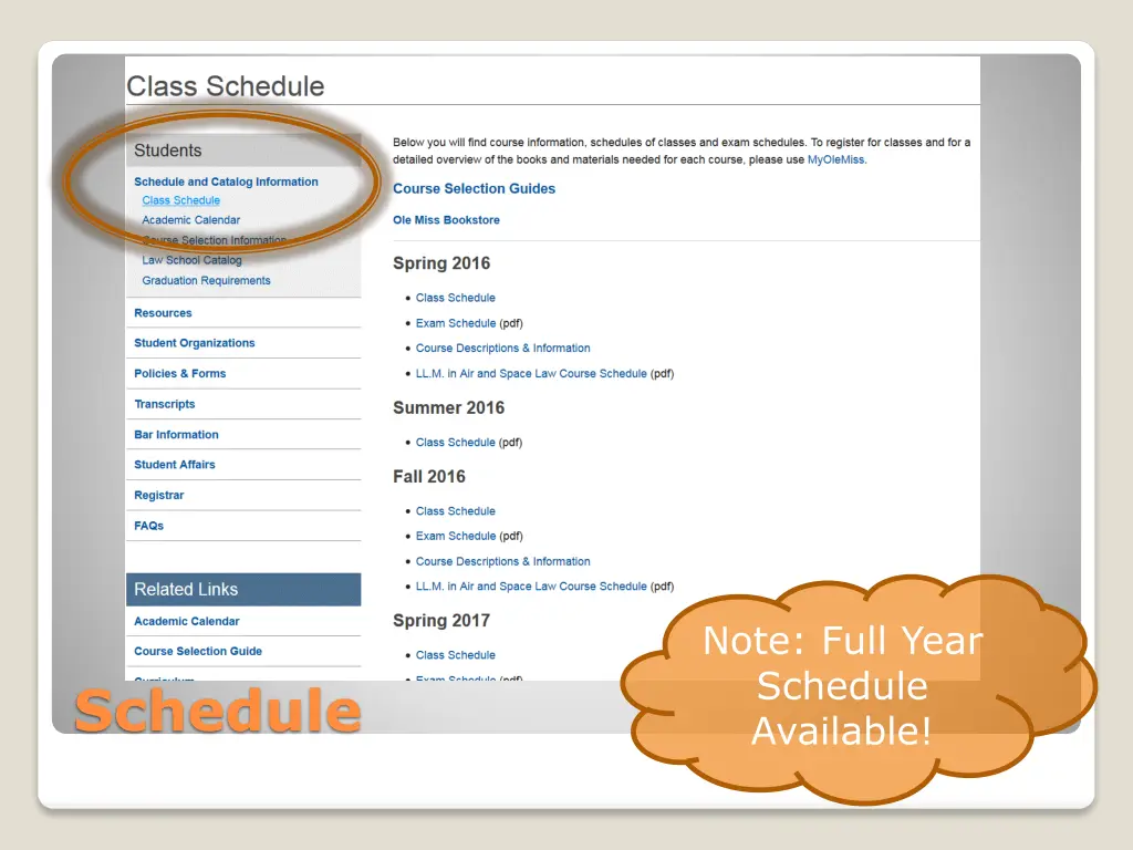 note full year schedule available